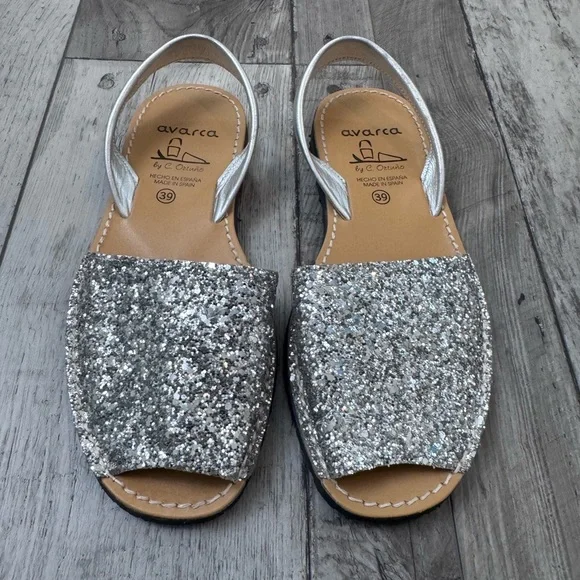 Glitter Sandals Flat Avarca Menorquina Shoe Sequins Leather Strap 39 8.5 - Picture 1 of 11